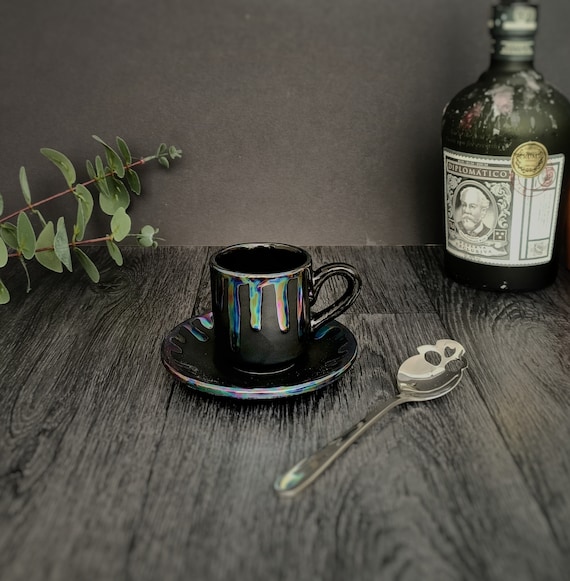 Rainbow Drip Espresso, Matte Black, Oil Slick Drip, Cute Cup Saucer, Weird Wonderful, Coffee Shot, Caffeine Addict Gift, Iridescent Present