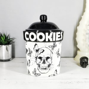 Skull & Butterfly Cookie Jar, Skulls, Biscuit Barrel, Kitchen Storage Canisters, Utensil Pot, Gothic Ceramic Cookies, Oats, weird wonderful