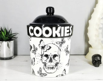 Skull & Butterfly Cookie Jar, Skulls, Biscuit Barrel, Kitchen Storage Canisters, Utensil Pot, Gothic Ceramic Cookies, Oats, weird wonderful