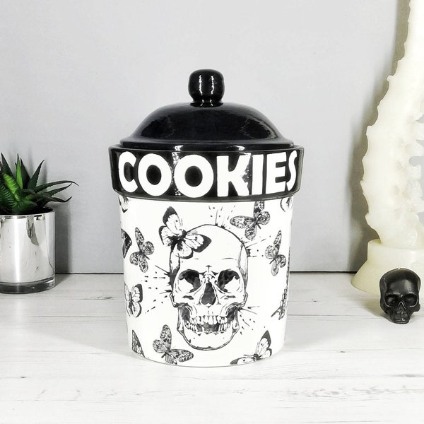 Skull & Butterfly Cookie Jar, Schedels, Koekjesvat, Keukenopslagbussen, Gebruiksvoorwerppot, Gotische keramische koekjes, Haver, raar prachtig