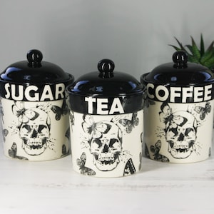 Skull and Butterfly Storage Canisters, Tea Coffee Canister, Sugar Jars, Storage Pots, Ceramic, Container, Kitchen, Hand Painted, Gothic Goth