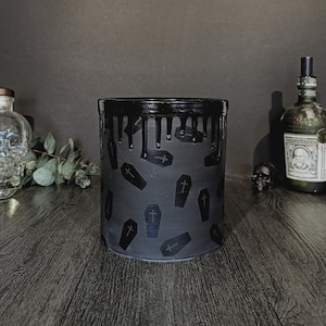 Gothic Utensil Holder, Kitchen Pot, Black Homeware, Coffins Storage Pot, Hand Painted Ceramic, Matte Black Casket, Weird and Wonderful, Home