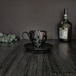 Matte Black Cup and Saucer, Skull Design, Gothic tea set, English tea coffee, Hand Painted Ceramic, Unique xmas gift, Weird and Wonderful