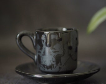 Black Skulls Espresso, Cute Cup and Saucer, Weird Wonderful, Macabre Gothic Ceramic, Coffee Shot, Caffeine Addict Gift, Halloween Present