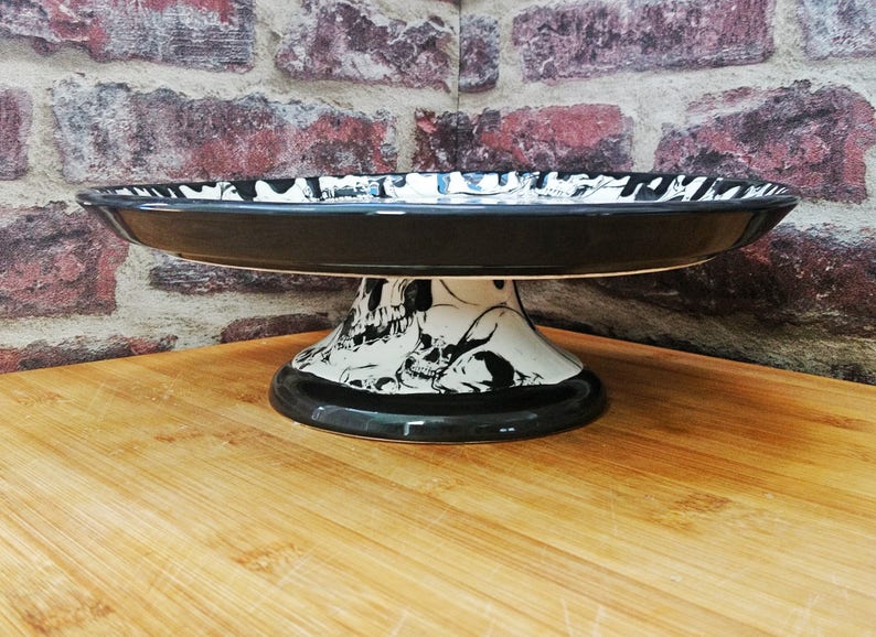 Skull cake stand Hand painted ceramic Pedestal Gothic gift Large plate Skulls base and plate Pizza platter weird and wonderful