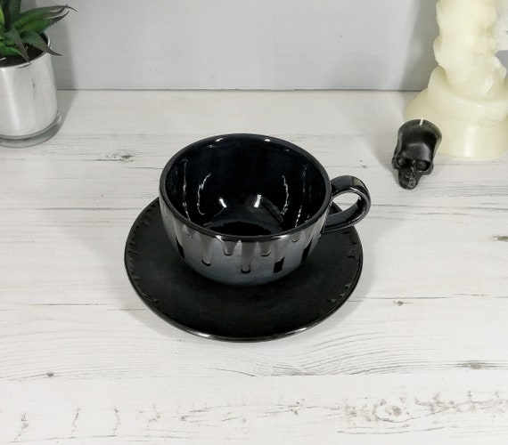 Matte Black Cappuccino Mug, Cup and Saucer, Coffee Mug, Gothic Gift, Unique  Cups, Tea Lover, Hand Painted Ceramic, Kitchen, Tableware, Weird 