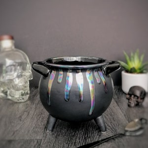 Witches Lustre Cauldron, Matte Black Oilslick, Witch Breakfast Brew, Gothic Bowl, Halloween Cauldrons, Dark Goth Design, Oil Slick Drip