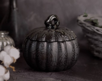 Halloween Pumpkin Jar, Gothic Storage Pot, Goth Matte Black, Web Jars, Pumpkins Harvest Pots, Weird Wonderful Ceramic, Witches Cauldron Bowl