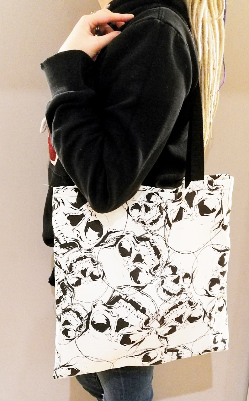 Goth Groceries Skull Tote Bag Weird Wonderful Black White Shoulder handbag Skulls Shopping Bags Handmade Cotton Gothic Shopper
