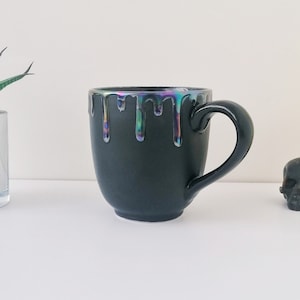 Oil Slick Mug, Oil Drip Mega, Huge Mugs, Pearlescent Style, Petrol Effect Cup, Tea Coffee Lover, Large Matte Black, Unique Gift Ceramic