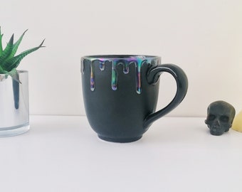 Oil Slick Mug, Oil Drip Mega, Huge Mugs, Pearlescent Style, Petrol Effect Cup, Tea Coffee Lover, Large Matte Black, Unique Gift Ceramic
