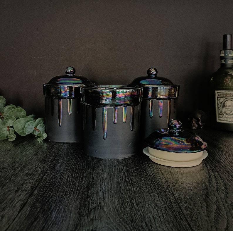 Unusual Tea Coffee Sugar Jars with Oil Slick Drip
