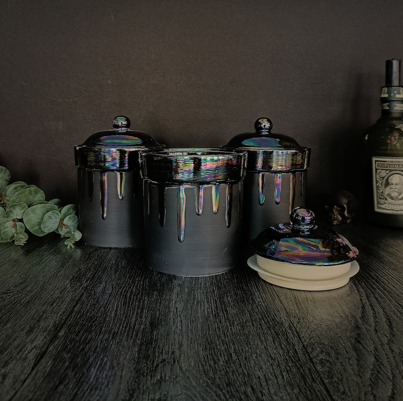 Unusual Tea Coffee Sugar Jars with Oil Slick Drip Just Kitchen Canisters