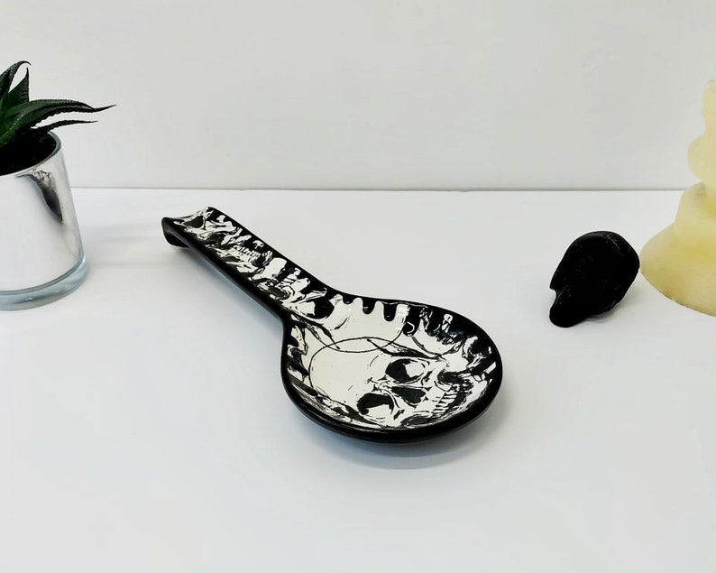 Skull Spoon Rest, Emo Skulls, Large Spoons Holder, Kitchen Utensil, Gothic Goth, Halloween Ceramic, Macabre Death Dark, Christmas Gift image 1