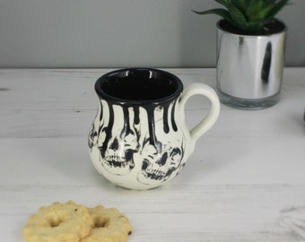Skull Bulgy Mug, Black Skulls Cup, Hand Painted Jar, ceramic mugs skulls, Gothic gift, Goth tea lover, Coffee Cup, Unique xmas gift