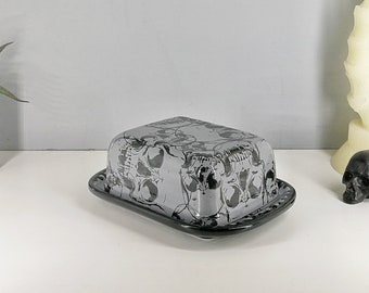Butter dish dome, Skull Grey Design, Unique Hand Painted, Weird Wonderful, Skulls Dome, Kitchen Gothic Gift, Emo Macabre Black, Butterdish