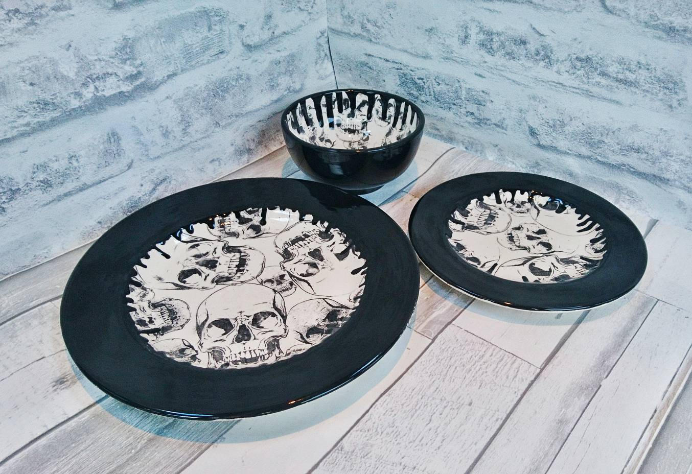 Skull dinner set hand painted item black skulls ceramic Etsy