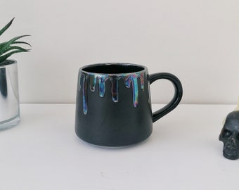 Lustre Stumpy Mug, Iridescent Goth Mugs, Petrol Effect Cup, Tea Coffee Lover, Gothic Cups, Unique Gift Ceramic, Holographic Hand Painted