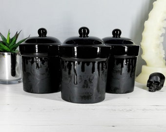 Matte Black, Storage Canisters, Plain or Skull, Tea Coffee Canister, Sugar Jars, Storage Pots, Ceramic Pot, Container, Kitchen, Gothic Goth