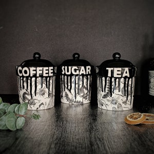 Bug tea canisters, coffee storage pot, sugar canister, flour tub, utility kitchen item. gothic gift, spider beetle fly, dragonfly ladybird