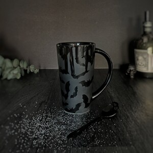 Matte Bat Latte, Gothic Bats Mug, Witches Brew, Goth Cup Mugs, Unique Coffee, Tall Tea Black, Hot Chocolate Drink, Weird Wonderful Ceramic