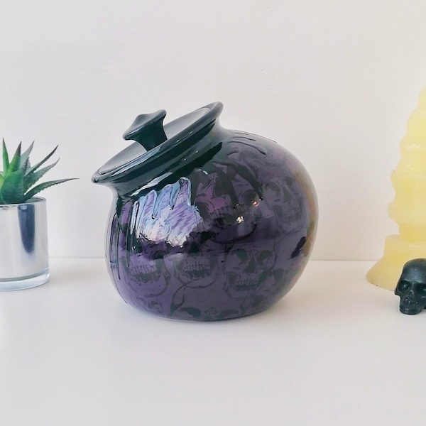 Almacenamiento de calaveras moradas, barril de galletas con calaveras, bote de almacenamiento de cocina, potes de harina para armario, galleta de cerámica gótica, avena gótica extraña