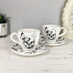 Skull Butterfly Teacup, Cup and Saucer, goth design, Gothic tea set, English tea, Hand Painted Ceramic, Unique xmas gift,  Wonderful