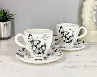 Skull Butterfly Teacup, Cup and Saucer, goth design, Gothic tea set, English tea, Hand Painted Ceramic, Unique xmas gift,  Wonderful