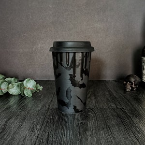 Bat Travel Mug, Tall Ceramic Cup, Matte Black Bats, Coffee Mugs, Work Car Home, Silicon Lid, Creepy Design, Gothic Tea Lovers, Halloween Emo