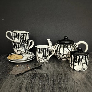 Skull Tea Set, Gothic Ceramic Teaset, Goth Cup Saucer, Milk Jug, Skulls Teapot, Tea Coffee, Afternoon Lunch, Weird And Wonderful, Sugar Pot