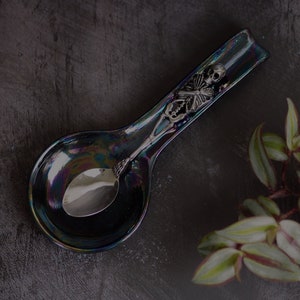 Oil Slick Spoon Rest, Petrol Effect, Large Spoons Holder, Kitchen Utensil, Black Iridescent Ceramic, Holographic Pearlescent, Spooky Kitchen