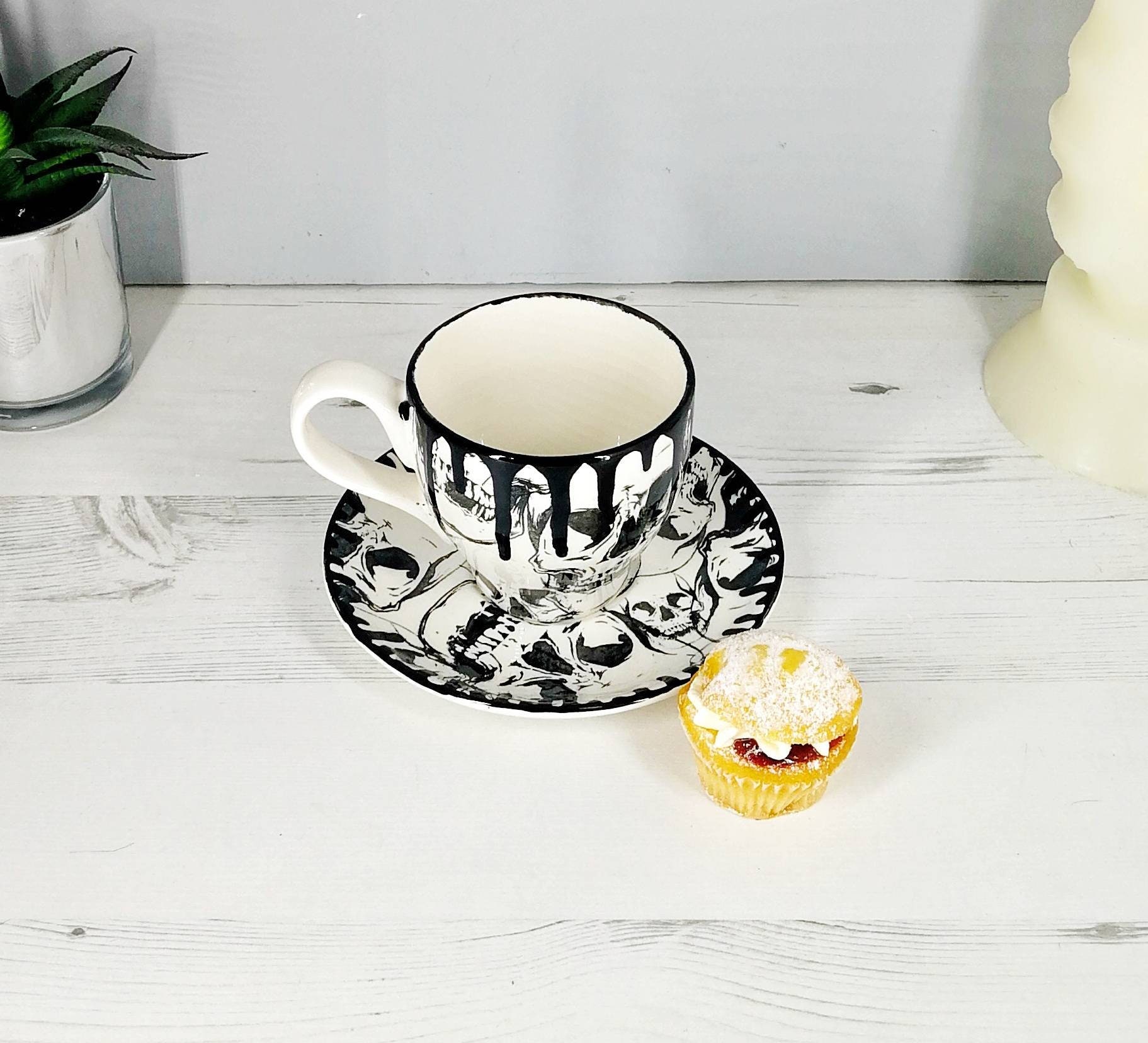 Skull Tea Set Gothic Ceramic Teaset Goth Cup Saucer Milk Etsy