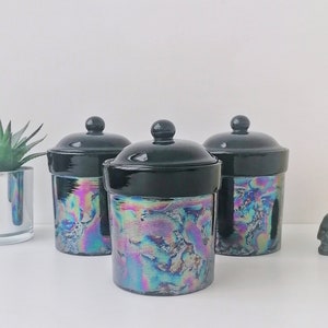 Lustre Canister Set, Mother of Pearl, Tea Coffee Canisters, Sugar Storage Jars, Oil Slick Pots, Petrol Kitchen Container, Flour Pot Hand