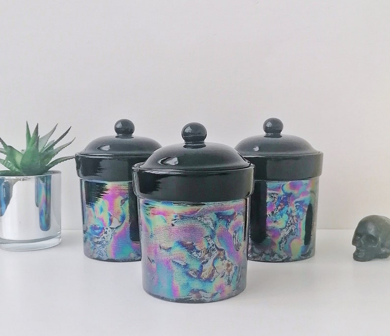 Unusual Tea Coffee Sugar Jars with Pink Blue Iridescence