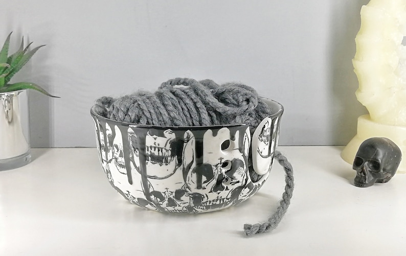 Skull Yarn Bowl, Macabre Wool Bowls, Gothic Knitting, Black White Goth, Crochet Skulls, Weird Wonderful, Alternative Sewing, Emo Punk Rock image 2