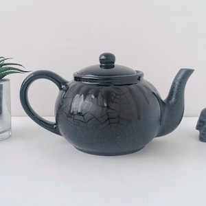 Spider Web Teapot, Satin Tea Pot, Black Gloss Kettle, Matte Gothic Gift, Unique Kitchen Present, Weird Wonderful, Goth, Hand Painted Ceramic