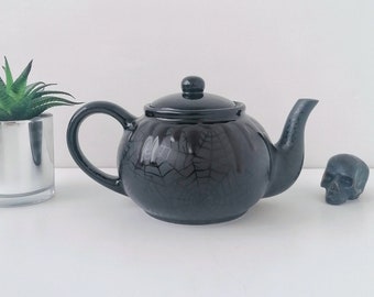 Spider Web Teapot, Satin Tea Pot, Black Gloss Kettle, Matte Gothic Gift, Unique Kitchen Present, Weird Wonderful, Goth, Hand Painted Ceramic