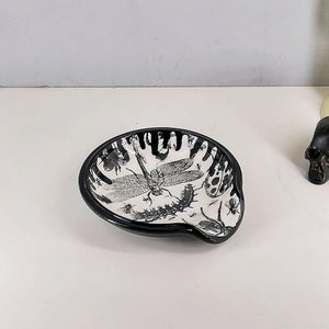 May include: A black ceramic dish with a white dragonfly and other insects design. The dish has a curved shape and a black rim.