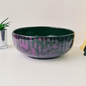 Purple Skull Bowl, Gothic Fruit Platter, Hand painted ceramic, skulls drip, Salad Pasta, Unique Kitchen, Weird Wonderful, Large Black Bowls