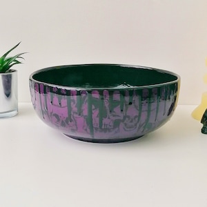 Purple Skull Bowl, Gothic Fruit Platter, Hand painted ceramic, skulls drip, Salad Pasta, Unique Kitchen, Weird Wonderful, Large Black Bowls