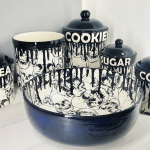 Skull Kitchen Set, Full Kitchenware, Ceramic Homeware, Gothic Home, Hand Painted Skulls, Weird and Wonderful, Canister Bowl Jug, Tea Coffee