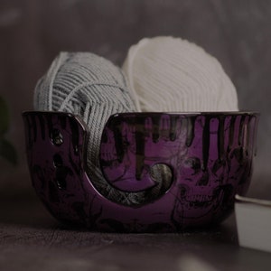 Purple Knitting Bowls, Skull Yarn Bowl, Macabre Wool Bowls, Gothic Black, Emo Goth, Crochet Skulls, Weird Wonderful, Alternative Sewing