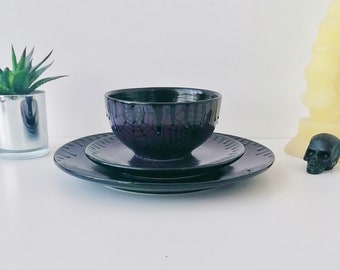Purple Web Dinnerset, Webs Dinner Set, Gothic Lunch Plate, Alternative Side Coupe, Goth Cereal Bowl, Weird Wonderful Ceramic, Kitchen Home