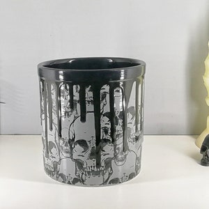 Skull Utensil Holder, Grey Kitchen Pot, Gothic Homeware, Skulls Storage Pot, Hand Painted Ceramic, Black Goth White, Weird Emo Wonderful