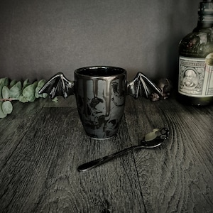 Matte Skull Mug, Bats Wings Cup, Matte Black Skulls, Unique Wing Design, Hand Painted, Gothic Gift, Cute Winged Handle, Weird and Wonderful