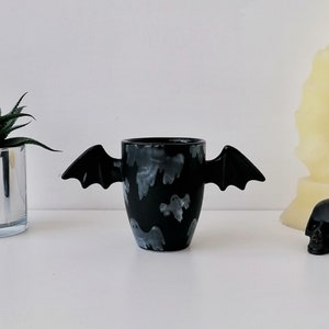 Ghost Bat Wing Mug, Matte Black Mugs, Unique Design, Hand Painted, Gothic Gift, Cute Winged Handle, Weird Goth Wonderful, Spooky, Halloween image 2