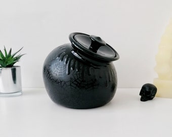 Matte Black Storage, Webs Biscuit Barrel, Kitchen Storage Canister, Cupboard Flour Pots, Gothic Ceramic Cookies, Goth Oats, Spider Web