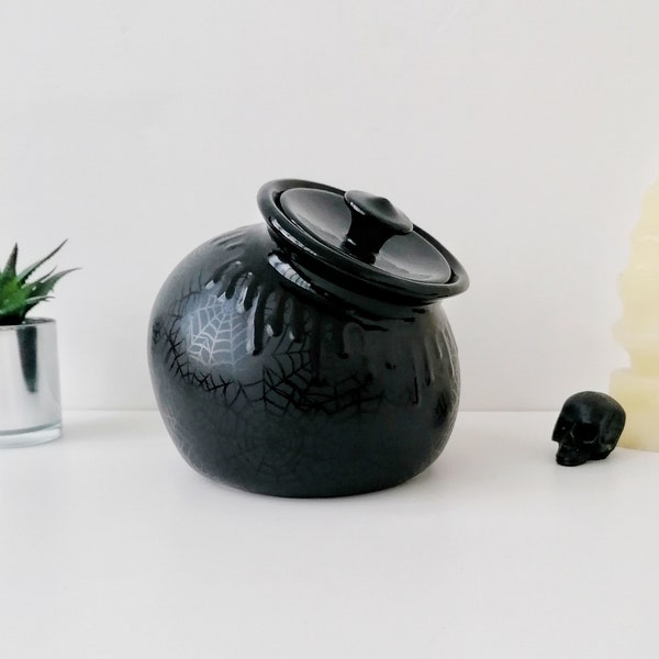 Almacenamiento negro mate, barril para galletas Webs, bote para almacenamiento de cocina, potes para harina, galletas de cerámica góticas, avena gótica, telaraña