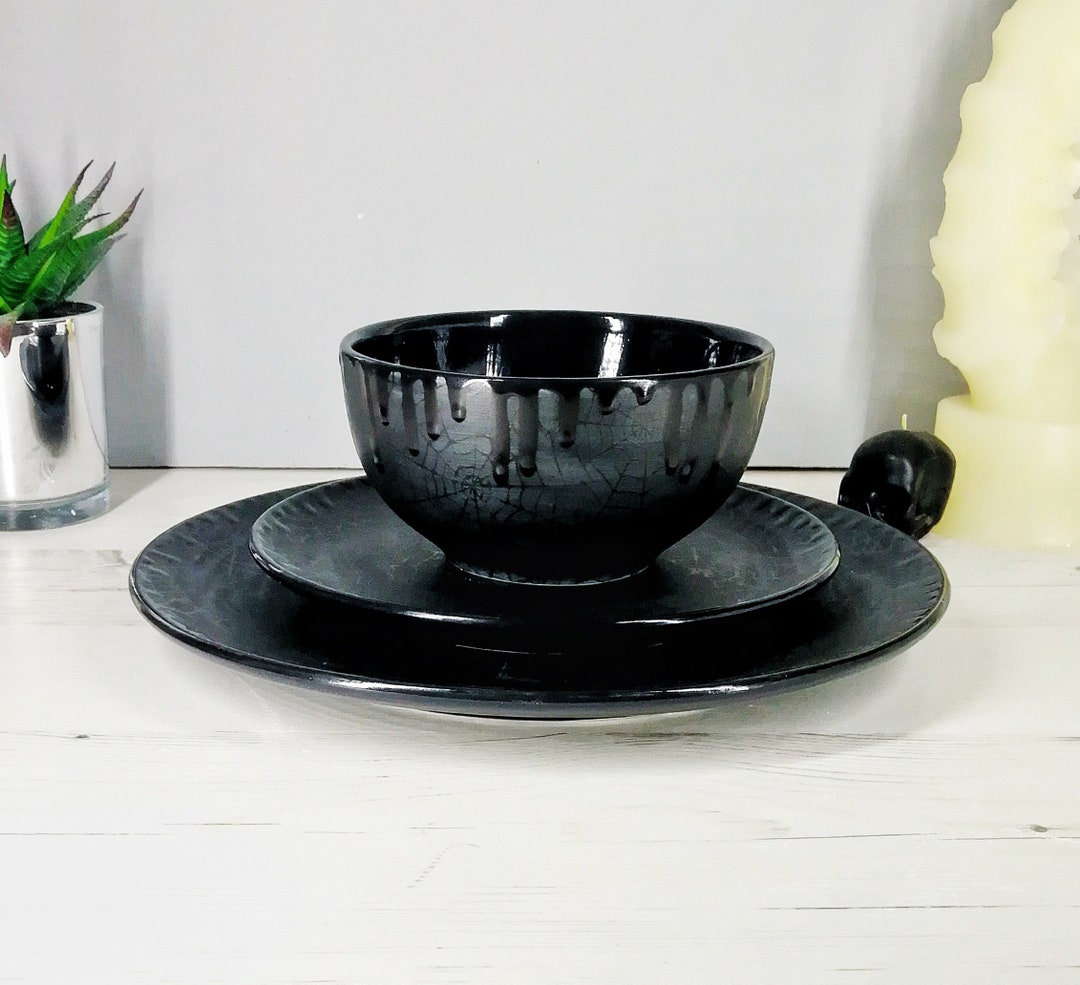 Spiderweb Dinner Set Matte Black Web Gothic Lunch Alternative Plate Goth Bowl Hand Painted Ceramic Unique Gift Weird Wonderful Etsy
