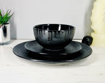 Spiderweb Dinner Set, Matte Black Web, Gothic Lunch, Alternative Plate, Goth Bowl, Hand Painted Ceramic, Unique Gift, Weird Wonderful
